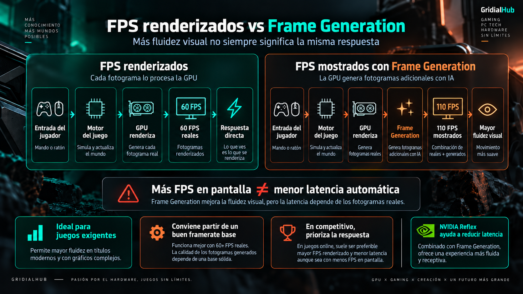 Diferencia entre FPS renderizados por la GPU y FPS mostrados mediante Frame Generation