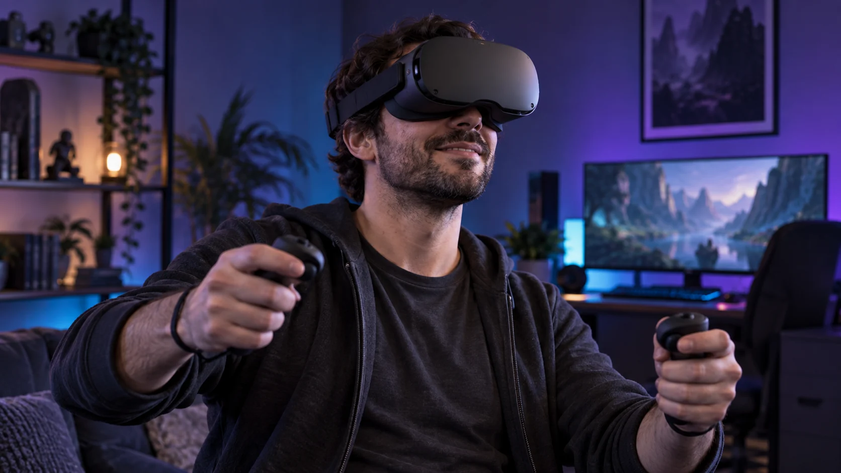 Una persona disfruta de la realidad virtual con un visor negro y dos controles en una habitación de gaming