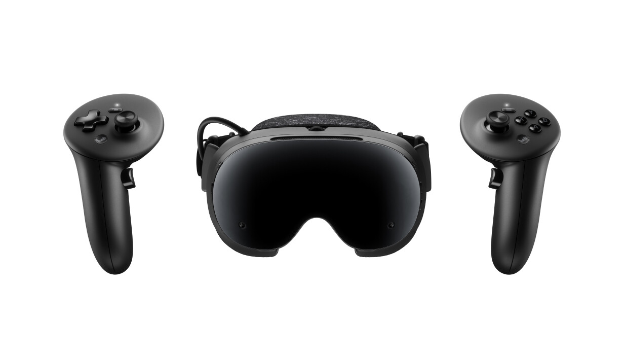 Diseño oficial del visor Steam Frame y sus dos controles, sobre fondo blanco