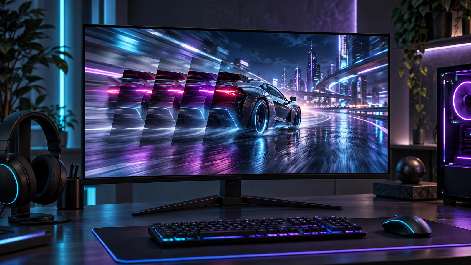 Monitor con una escena de carreras ficticia y un efecto visual que representa el movimiento interrumpido